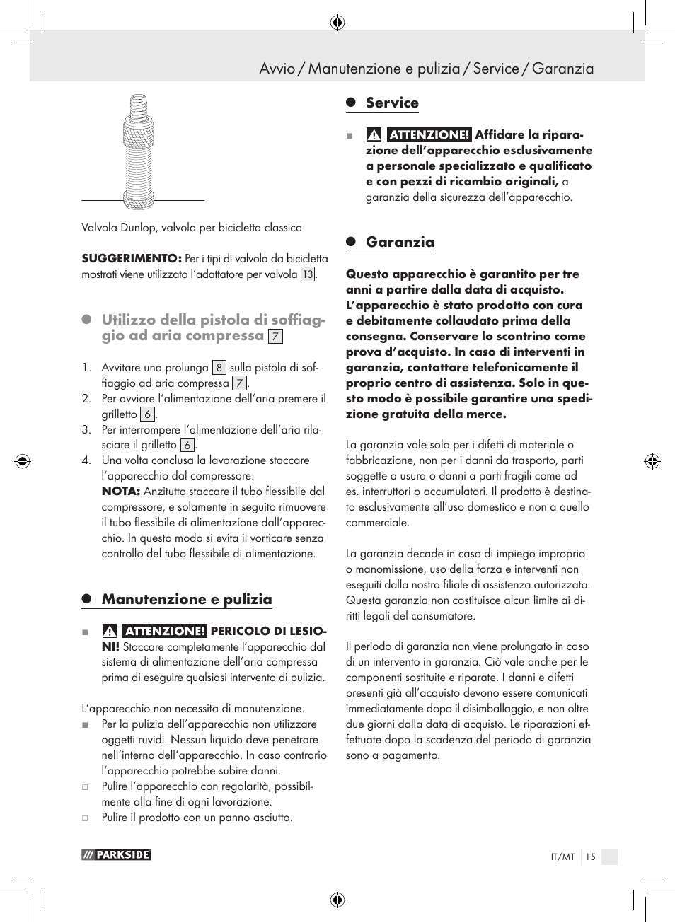 Manutenzione e pulizia, Service, Garanzia | Parkside PDSS A1 User Manual | Page 15 / 35