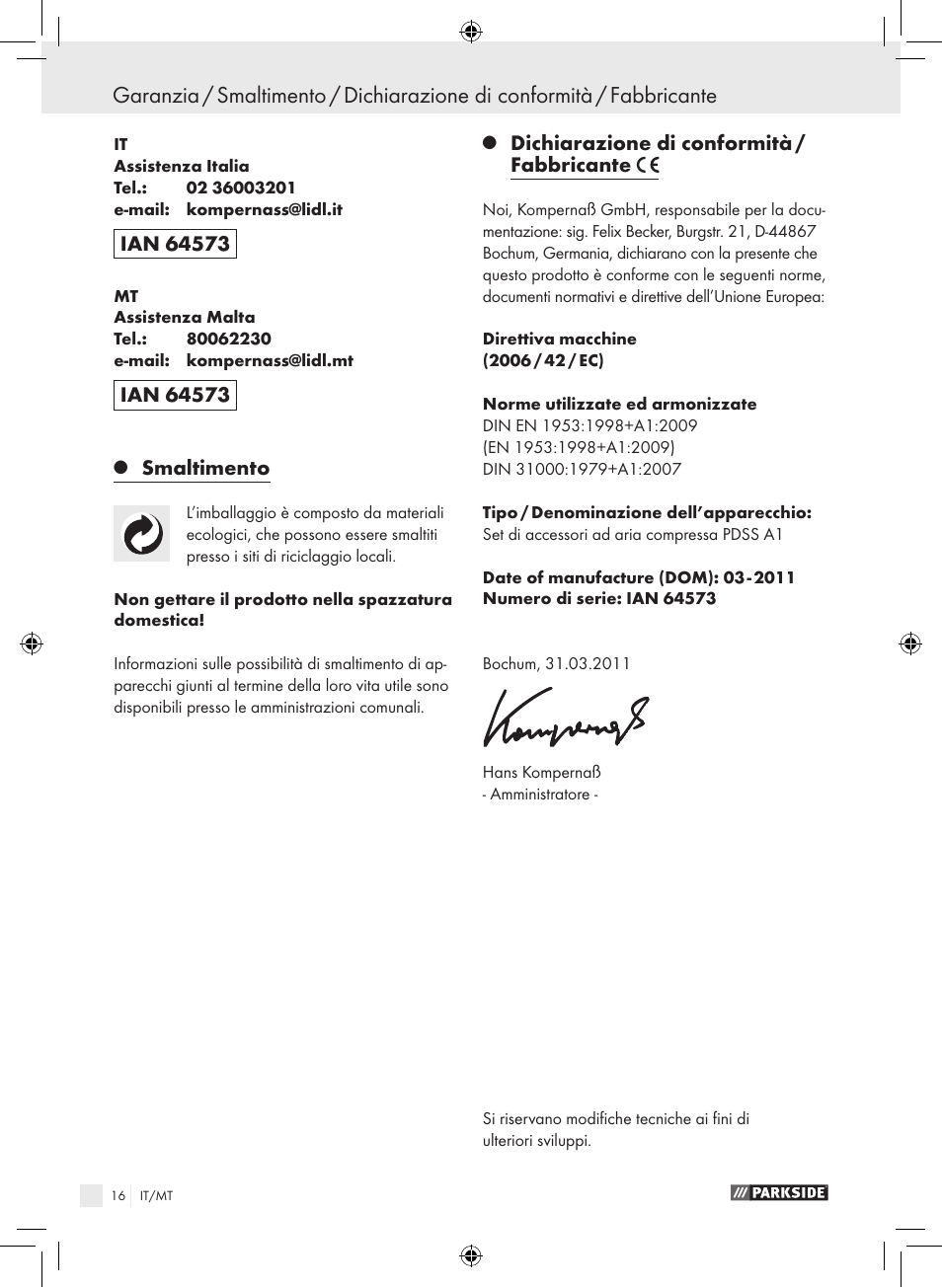 Smaltimento, Dichiarazione di conformità / fabbricante | Parkside PDSS A1 User Manual | Page 16 / 35