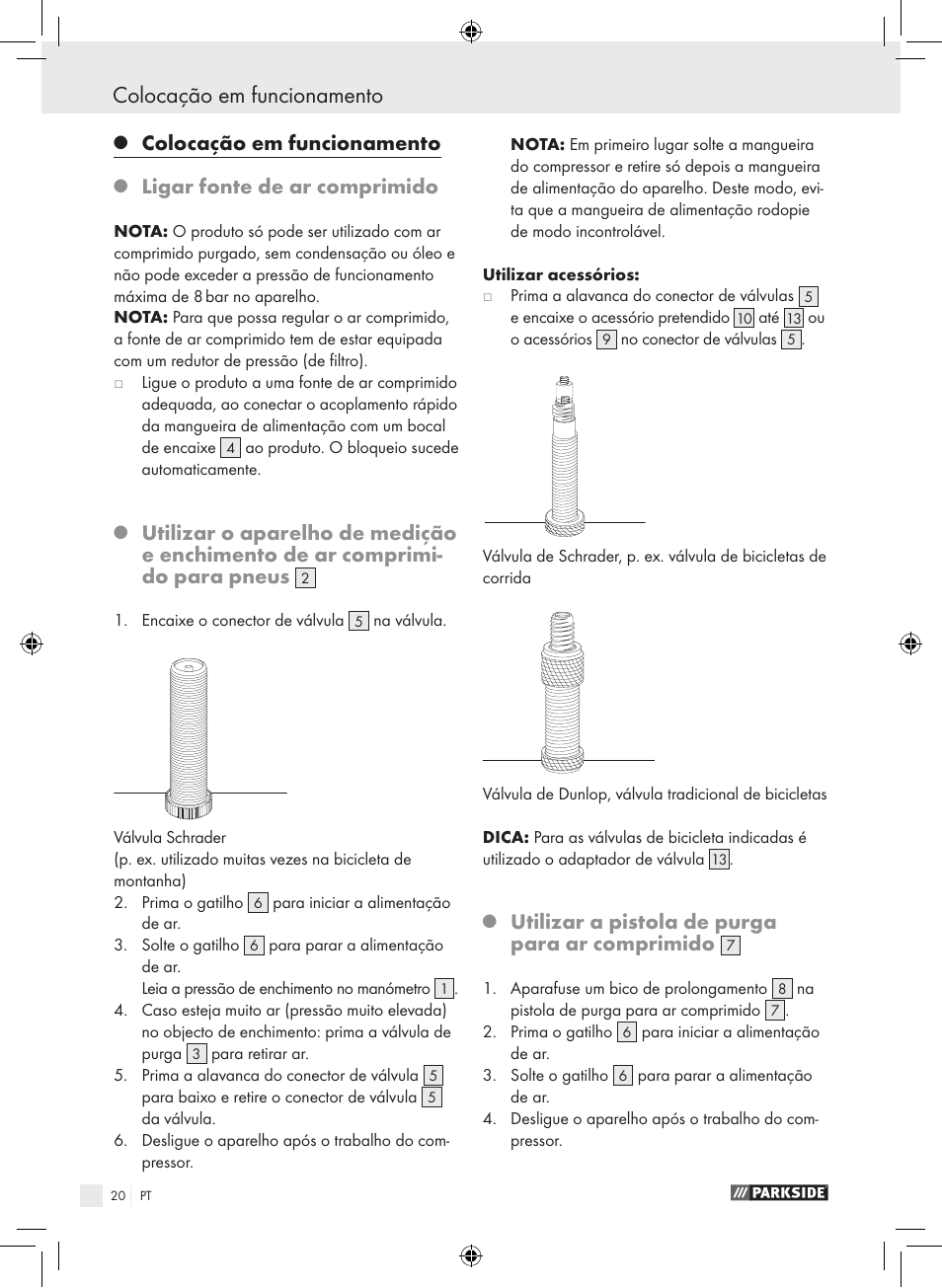 Colocação em funcionamento, Ligar fonte de ar comprimido, Utilizar a pistola de purga para ar comprimido | Parkside PDSS A1 User Manual | Page 20 / 35