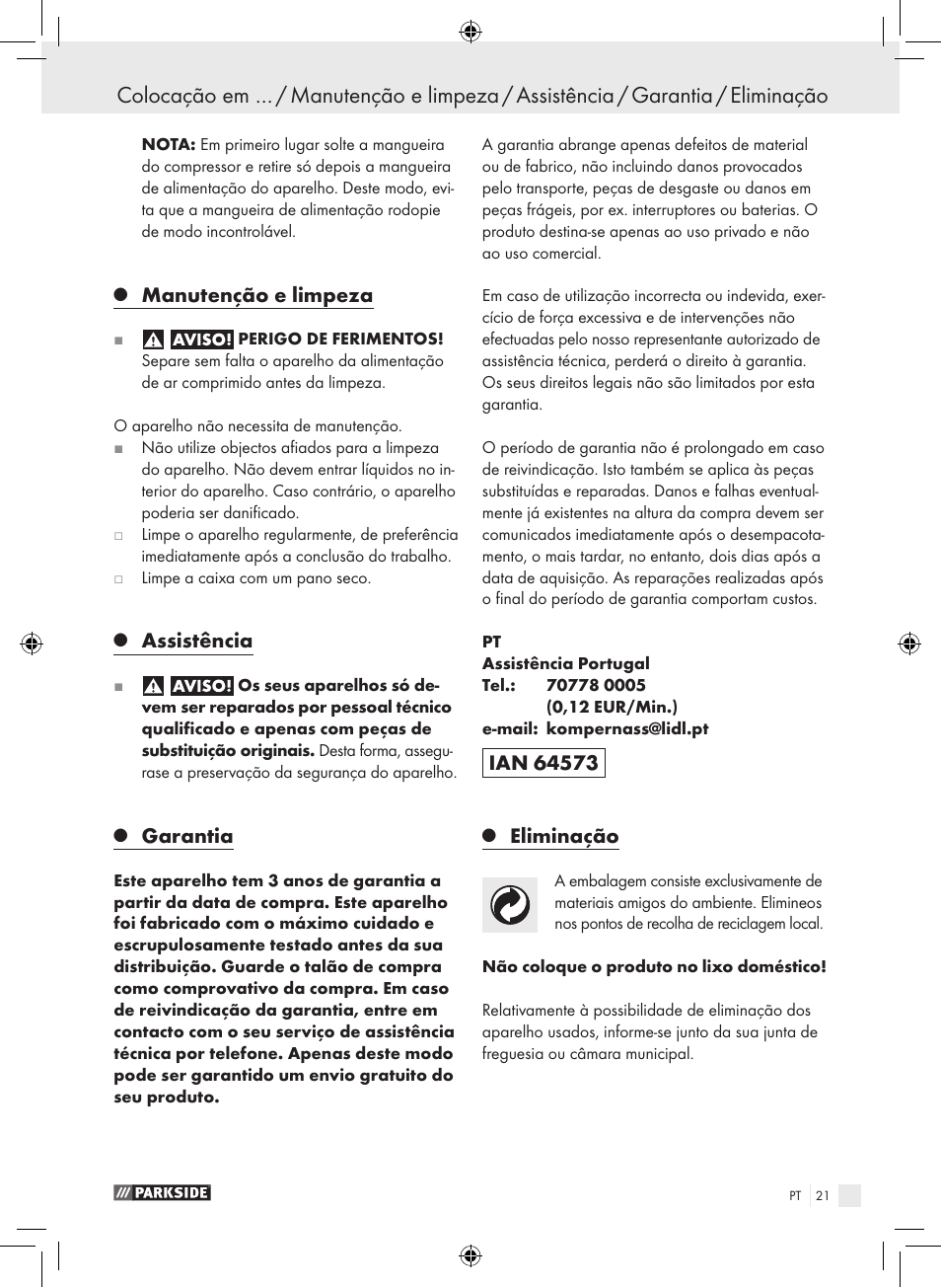 Manutenção e limpeza, Assistência, Garantia | Eliminação | Parkside PDSS A1 User Manual | Page 21 / 35