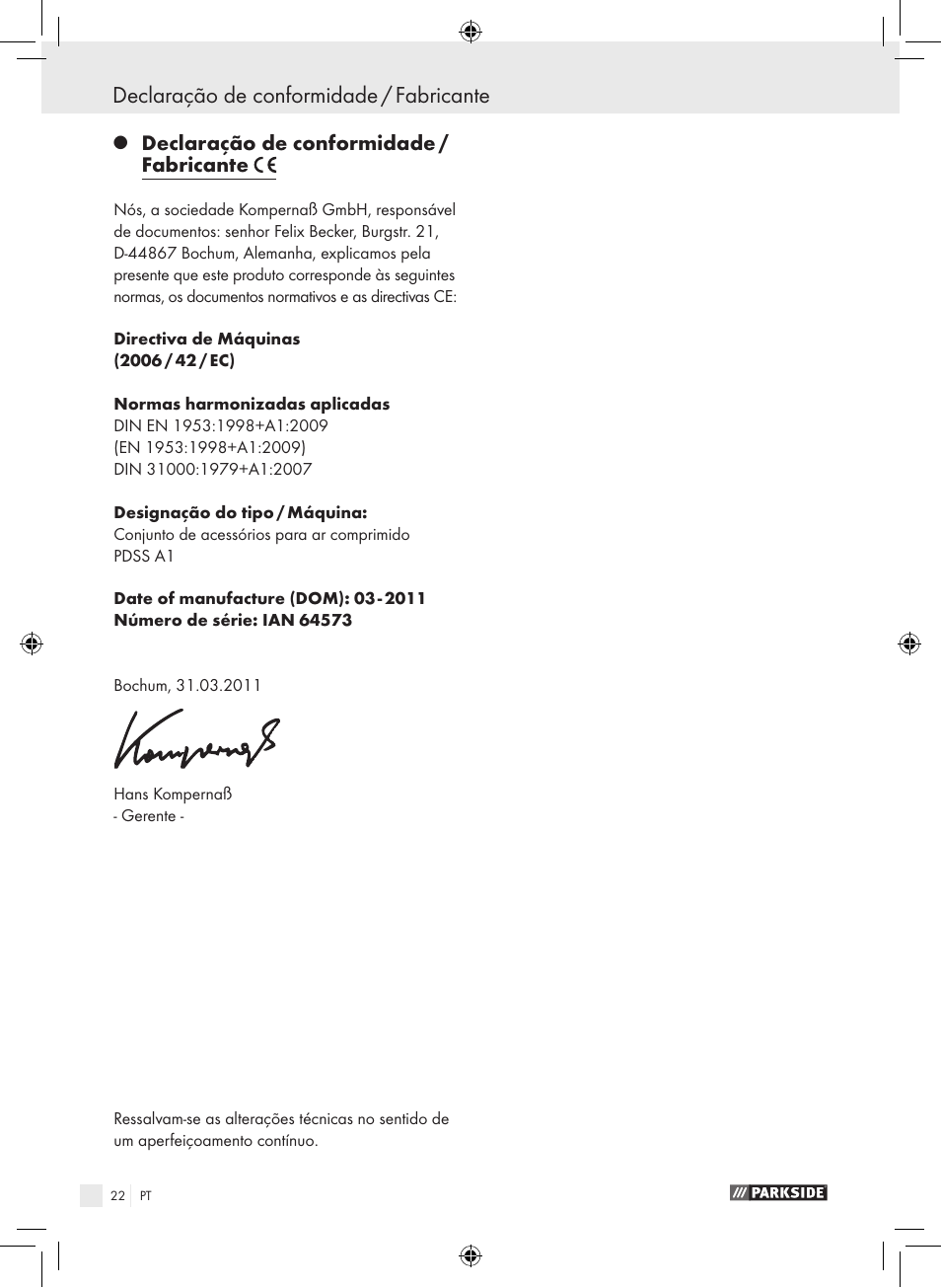 Declaração de conformidade / fabricante | Parkside PDSS A1 User Manual | Page 22 / 35