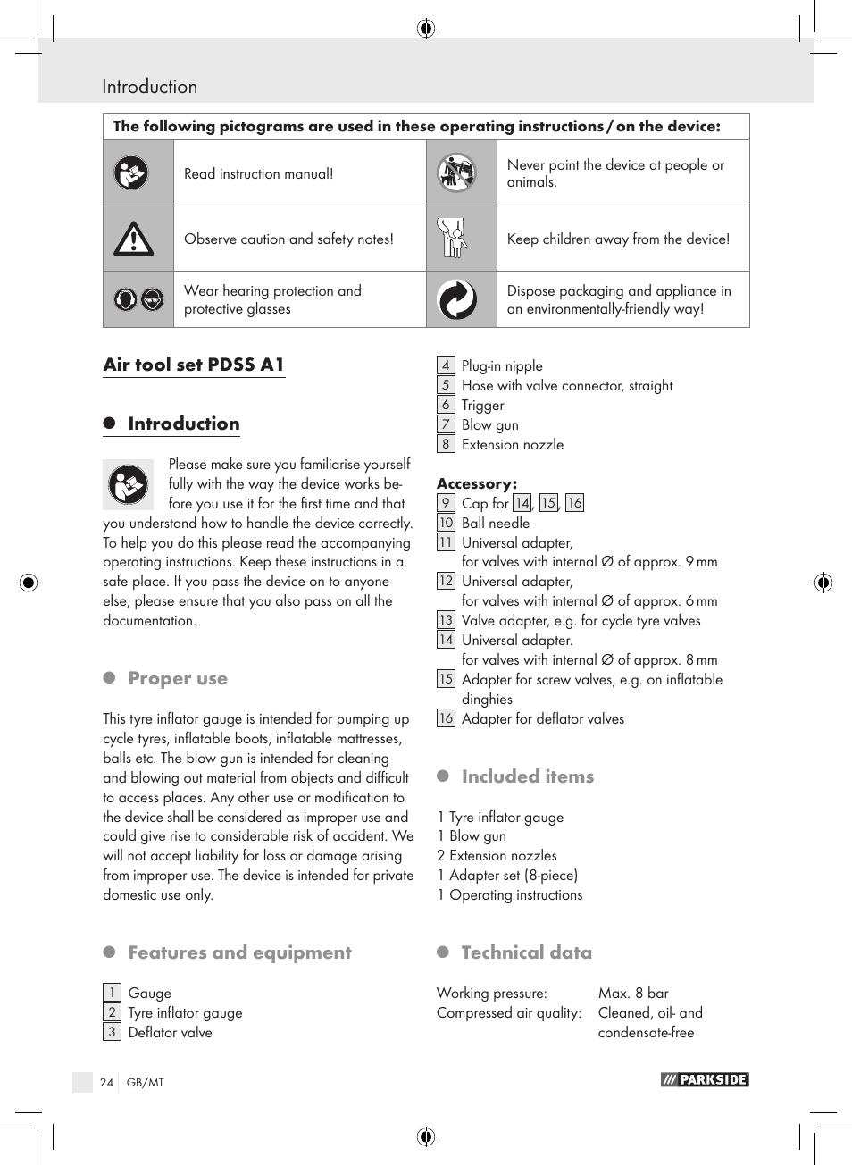 Introduction, Air tool set pdss a1, Proper use | Features and equipment, Included items, Technical data | Parkside PDSS A1 User Manual | Page 24 / 35