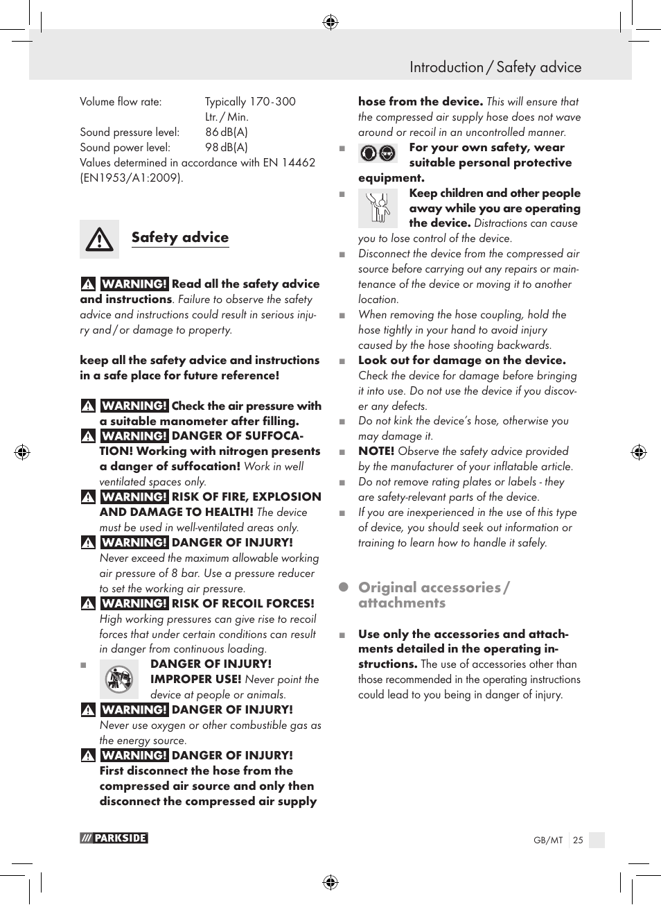 Introduction / safety advice, Safety advice, Original accessories / attachments | Parkside PDSS A1 User Manual | Page 25 / 35