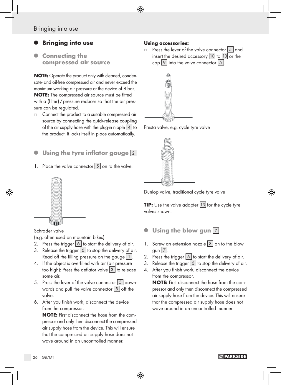 Bringing into use, Connecting the compressed air source, Using the tyre inflator gauge | Using the blow gun | Parkside PDSS A1 User Manual | Page 26 / 35