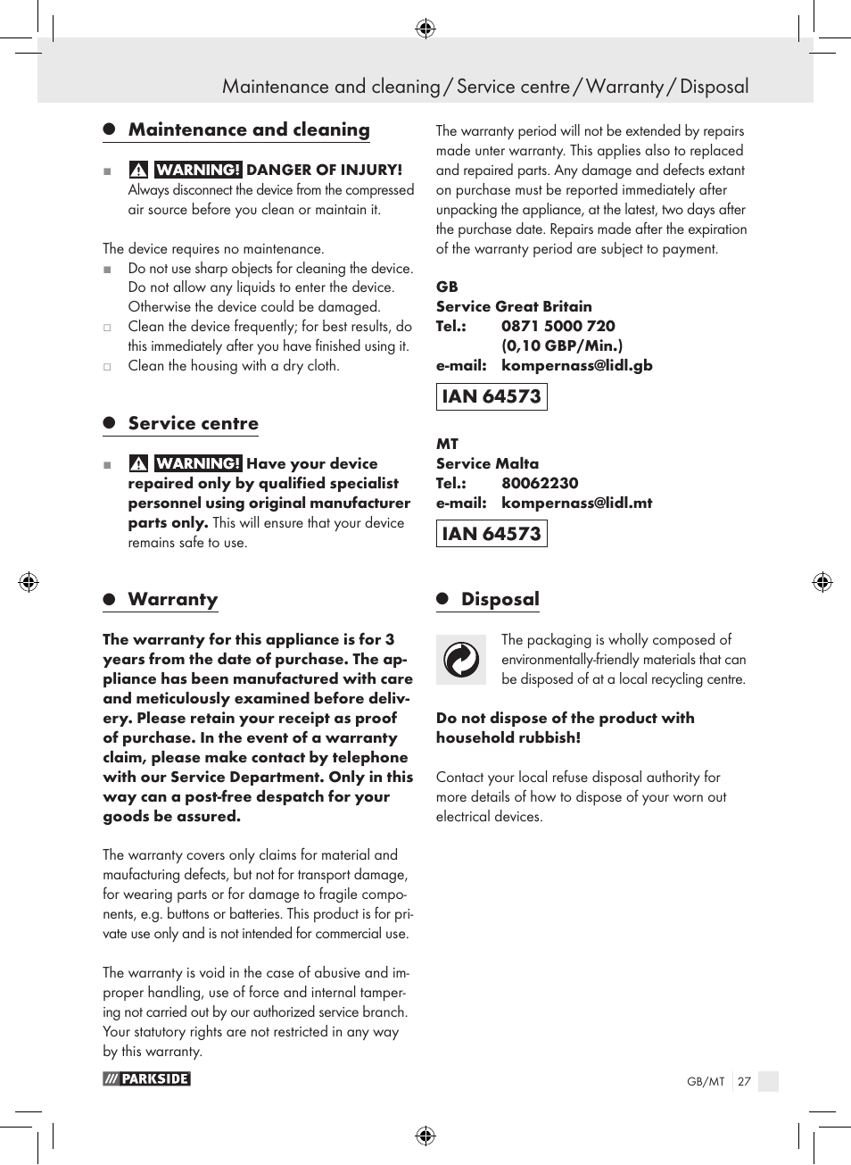 Maintenance and cleaning, Service centre, Warranty | Disposal | Parkside PDSS A1 User Manual | Page 27 / 35