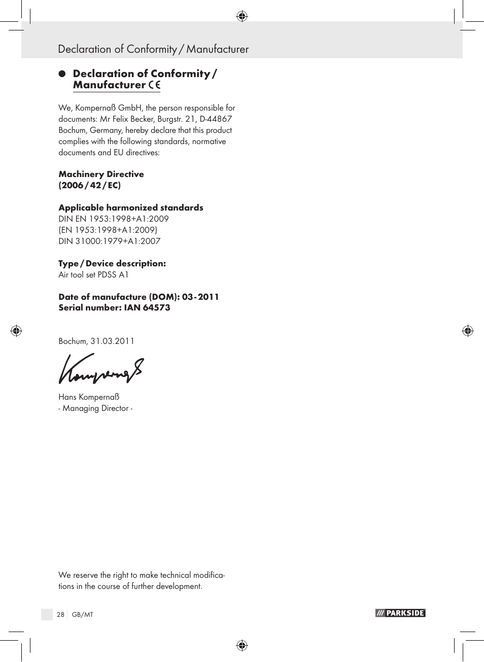 Declaration of conformity / manufacturer | Parkside PDSS A1 User Manual | Page 28 / 35