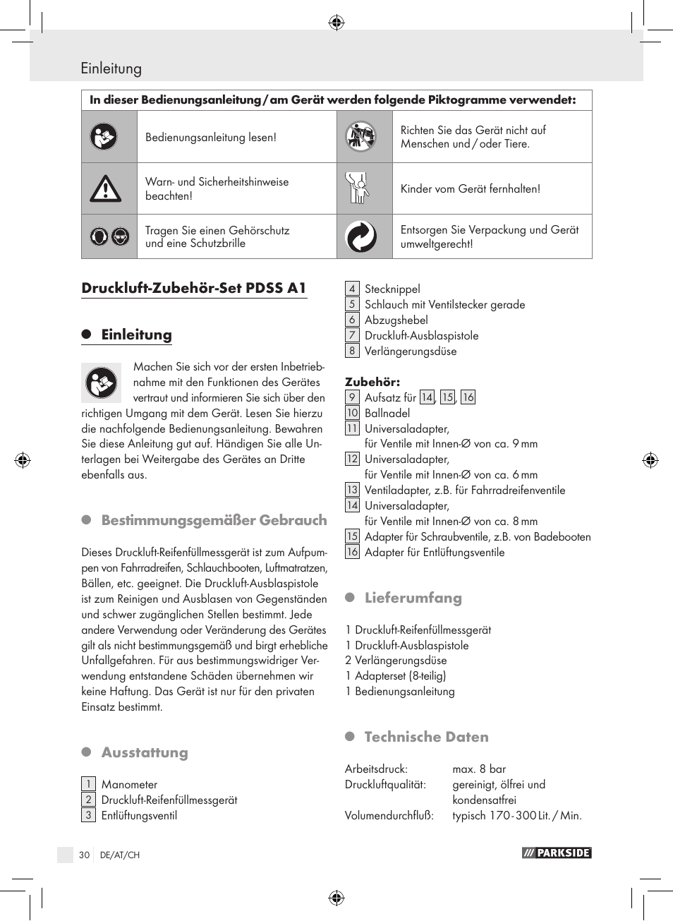 Einleitung, Druckluft-zubehör-set pdss a1, Bestimmungsgemäßer gebrauch | Ausstattung, Lieferumfang, Technische daten | Parkside PDSS A1 User Manual | Page 30 / 35