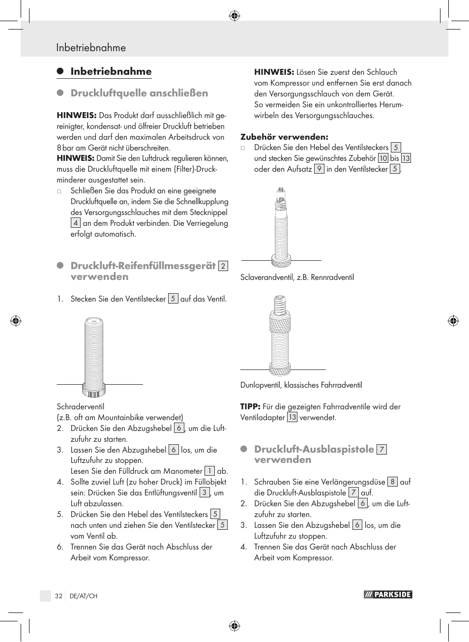 Inbetriebnahme, Druckluftquelle anschließen, Druckluft-reifenfüllmessgerät | Verwenden, Druckluft-ausblaspistole | Parkside PDSS A1 User Manual | Page 32 / 35