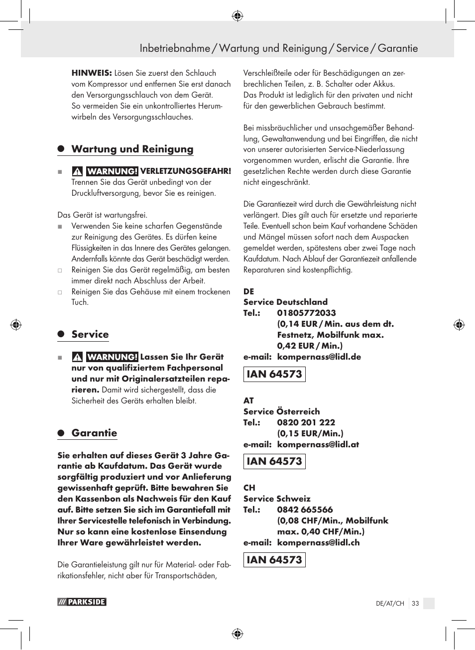 Wartung und reinigung, Service, Garantie | Parkside PDSS A1 User Manual | Page 33 / 35