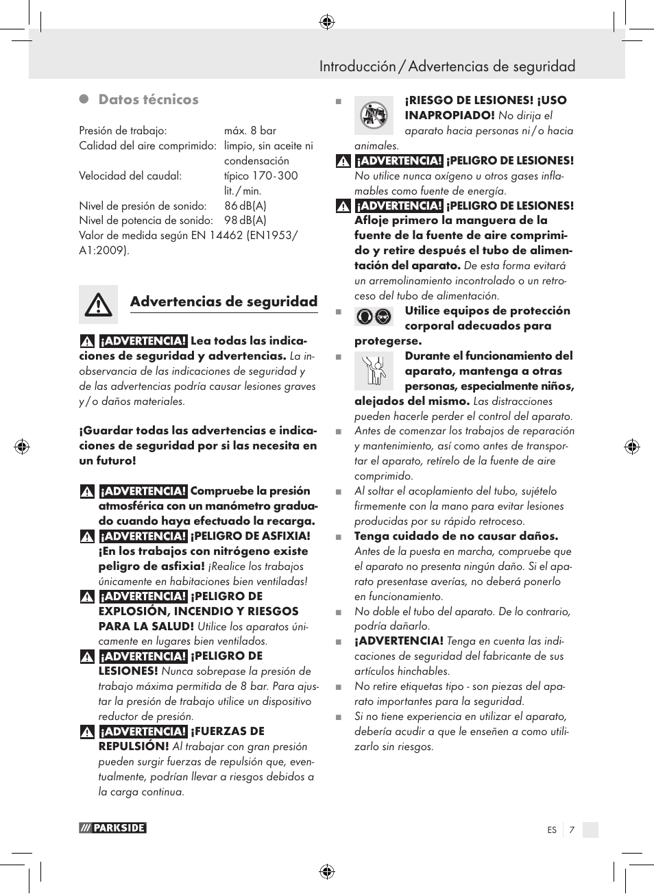 Introducción / advertencias de seguridad, Datos técnicos, Advertencias de seguridad | Parkside PDSS A1 User Manual | Page 7 / 35