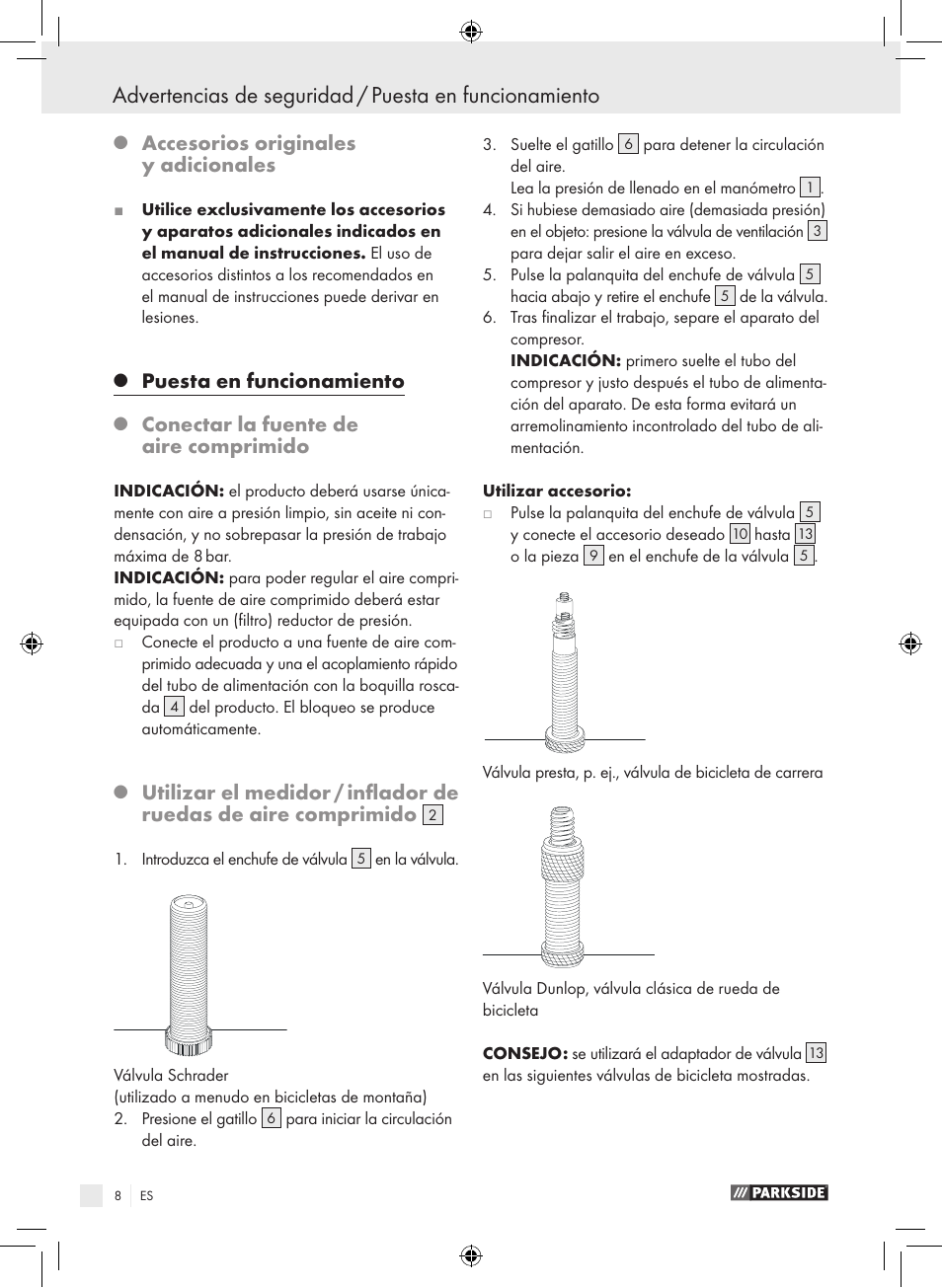 Accesorios originales y adicionales, Puesta en funcionamiento, Conectar la fuente de aire comprimido | Parkside PDSS A1 User Manual | Page 8 / 35