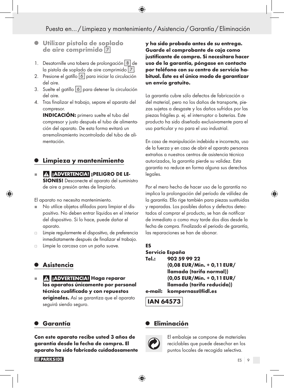 Utilizar pistola de soplado de aire comprimido, Limpieza y mantenimiento, Asistencia | Garantía, Eliminación | Parkside PDSS A1 User Manual | Page 9 / 35