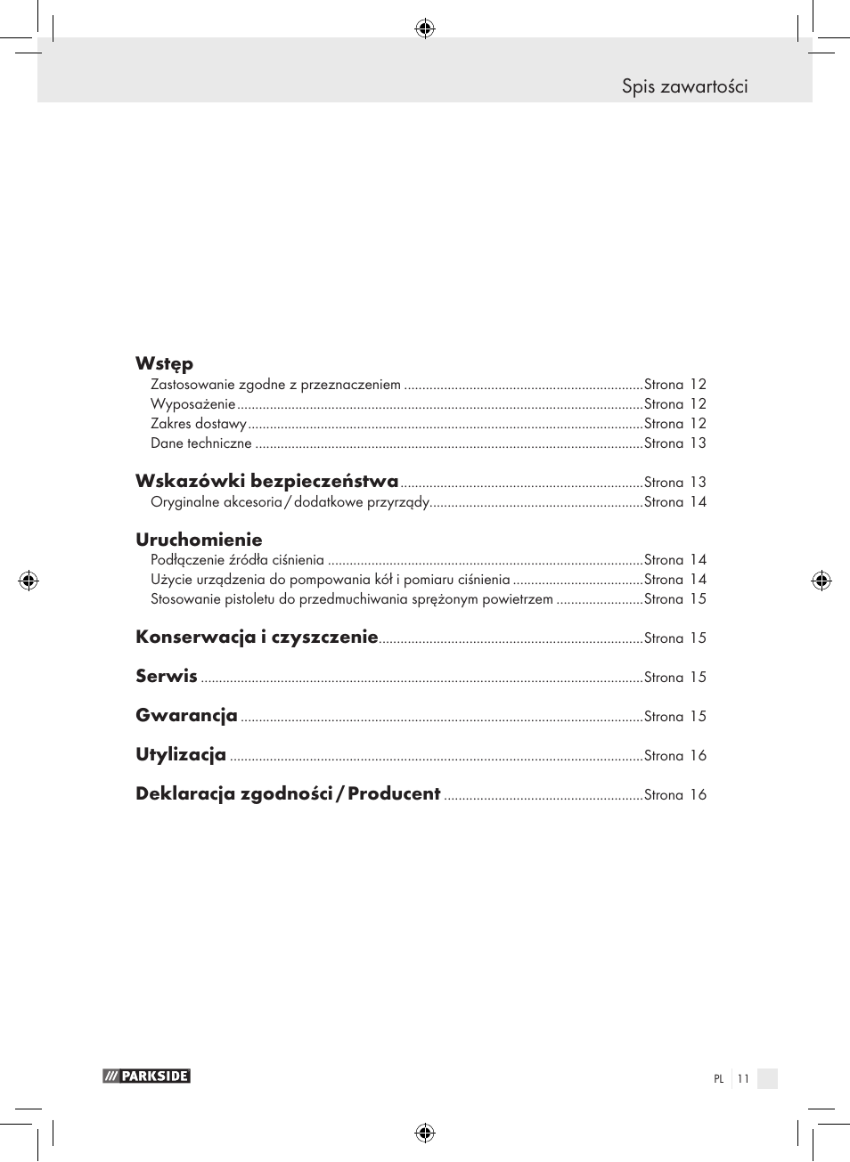 Spis zawartości | Parkside PDSS A1 User Manual | Page 11 / 49