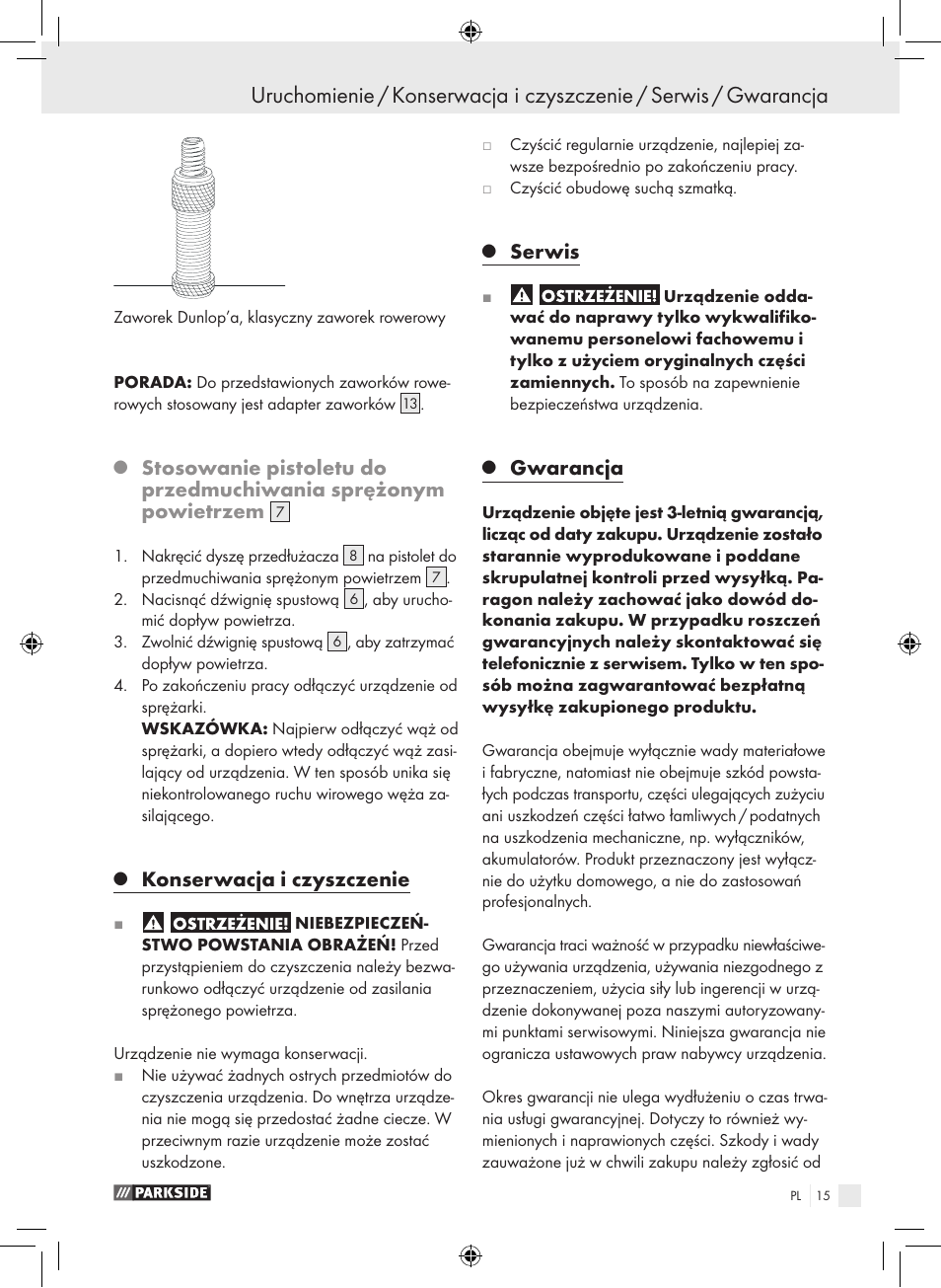 Konserwacja i czyszczenie, Serwis, Gwarancja | Parkside PDSS A1 User Manual | Page 15 / 49
