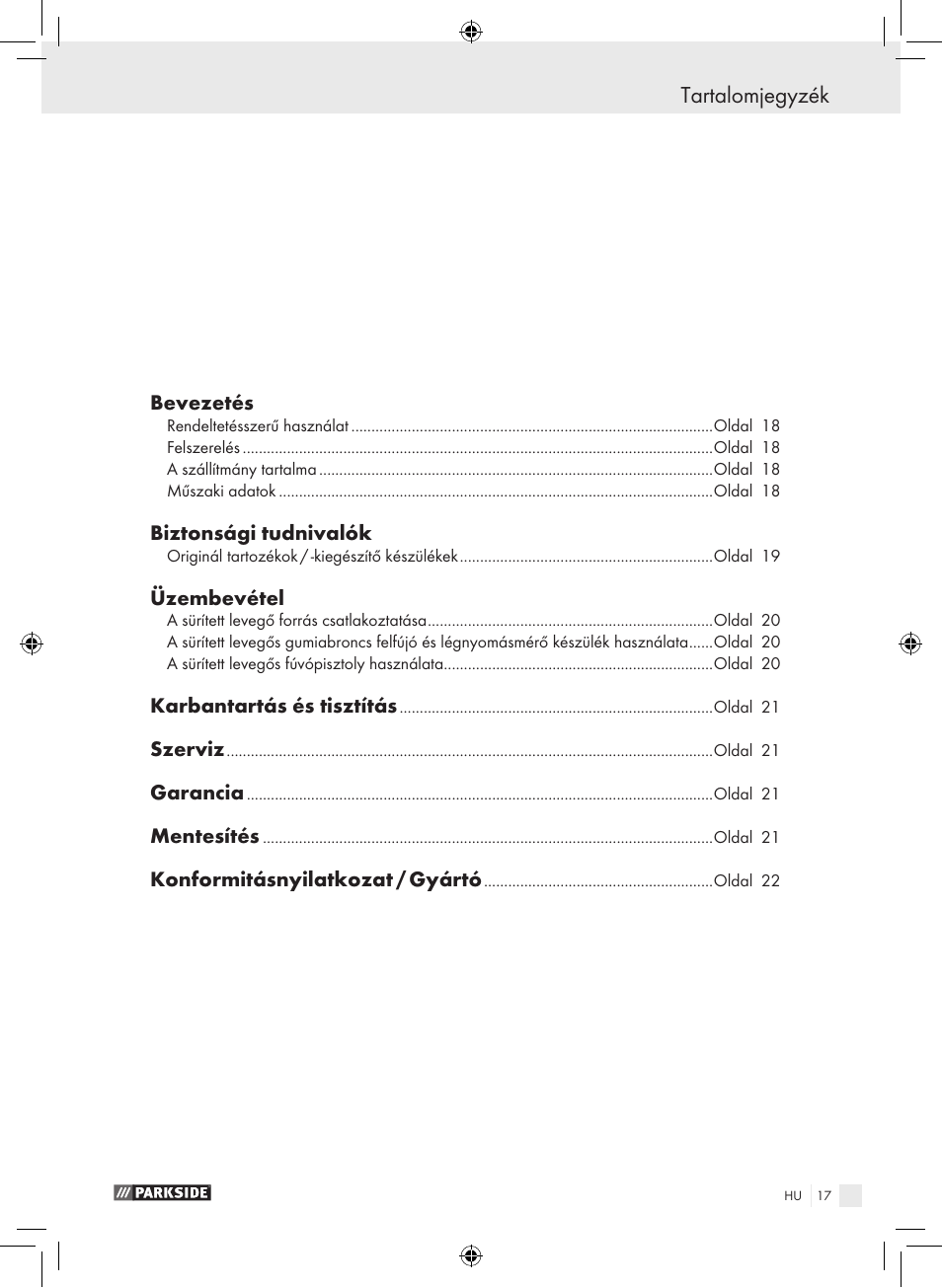 Tartalomjegyzék | Parkside PDSS A1 User Manual | Page 17 / 49