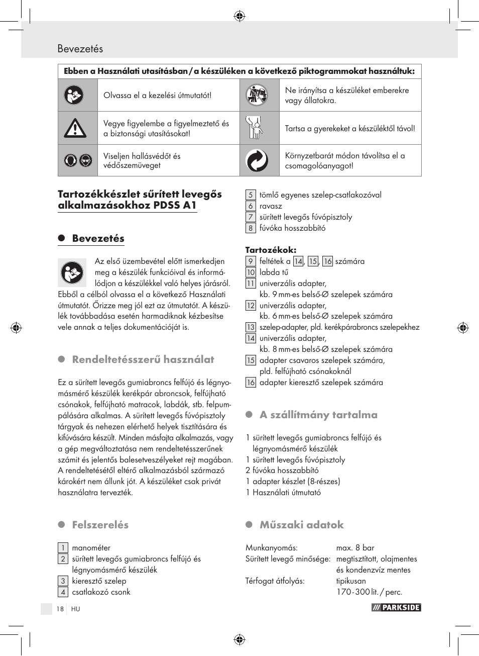 Bevezetés, Rendeltetésszerű használat, Felszerelés | A szállítmány tartalma, Műszaki adatok | Parkside PDSS A1 User Manual | Page 18 / 49