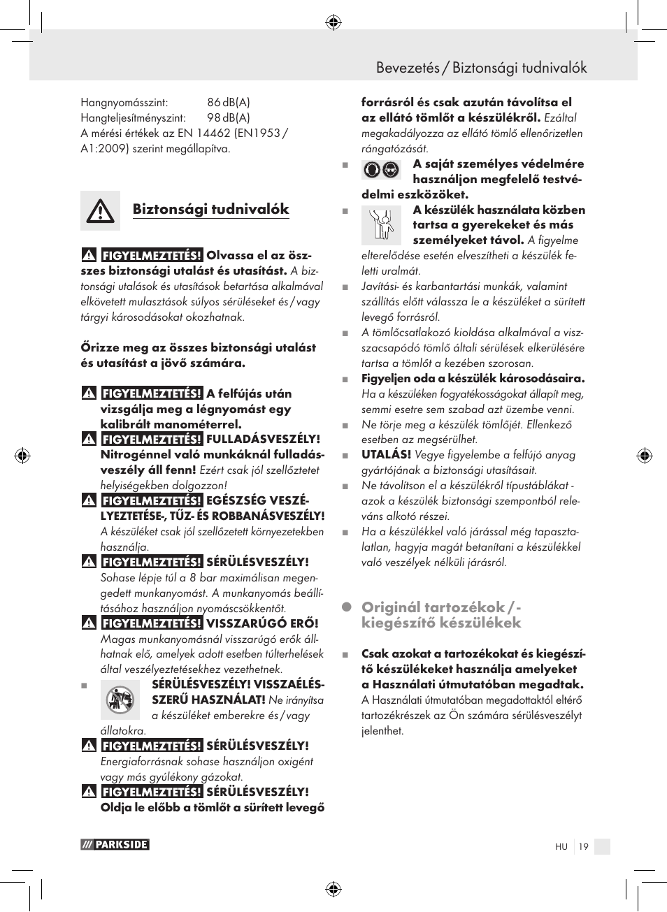 Bevezetés / biztonsági tudnivalók, Biztonsági tudnivalók, Originál tartozékok / - kiegészítő készülékek | Parkside PDSS A1 User Manual | Page 19 / 49