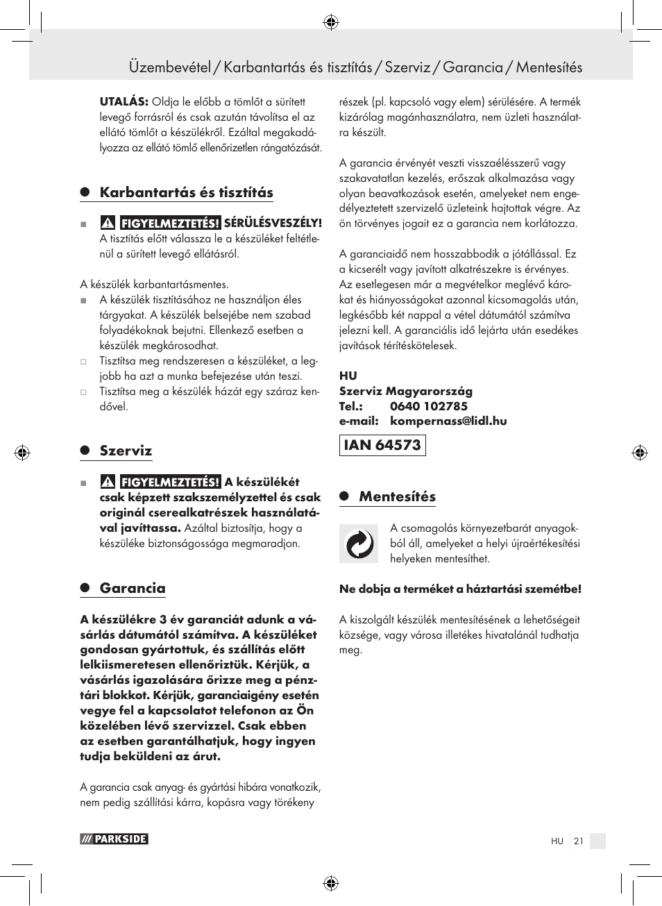 Karbantartás és tisztítás, Szerviz, Garancia | Mentesítés | Parkside PDSS A1 User Manual | Page 21 / 49