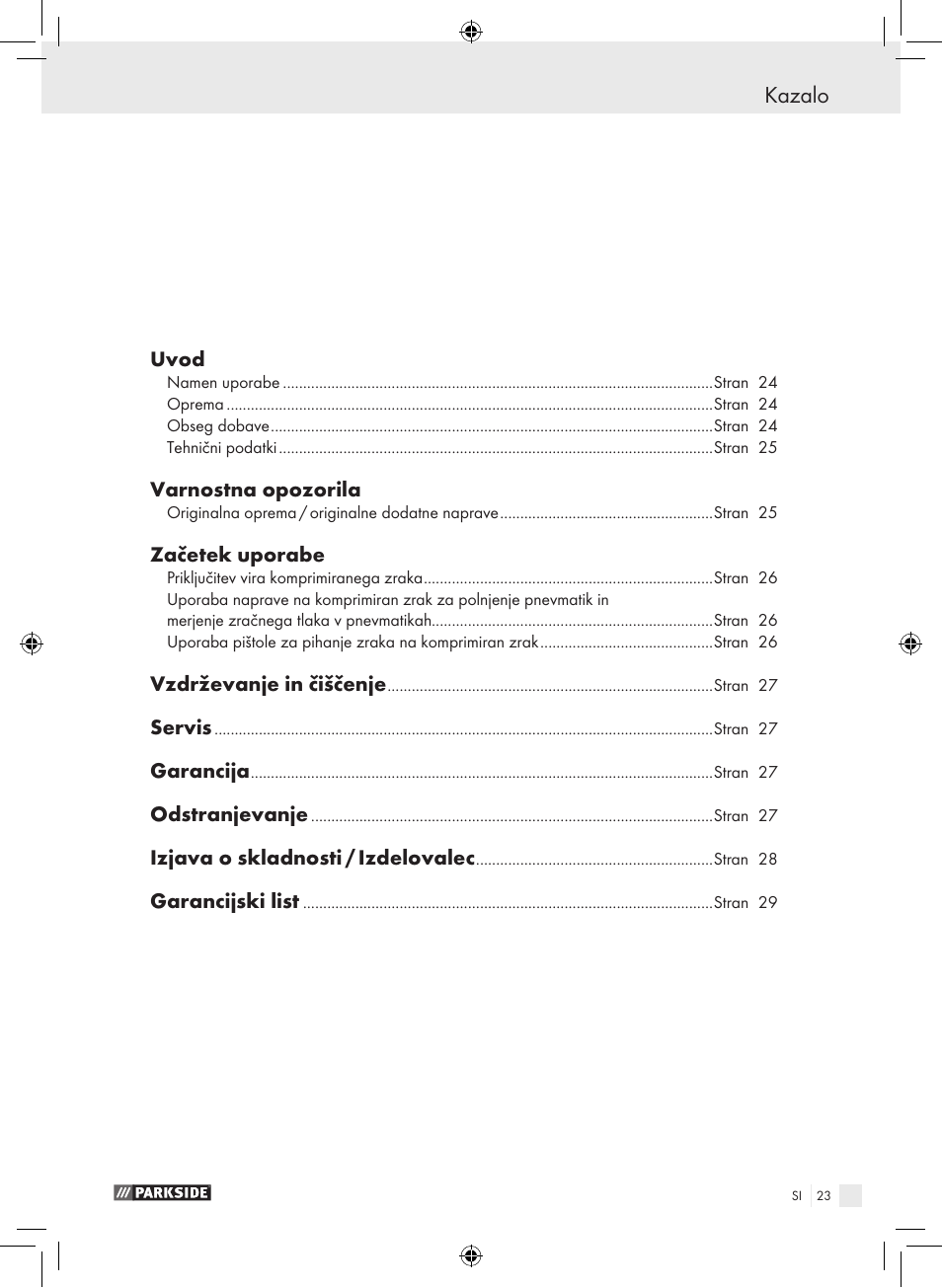 Kazalo | Parkside PDSS A1 User Manual | Page 23 / 49