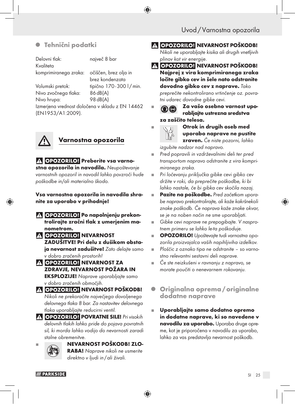 Uvod / varnostna opozorila, Tehnični podatki, Varnostna opozorila | Originalna oprema / originalne dodatne naprave | Parkside PDSS A1 User Manual | Page 25 / 49