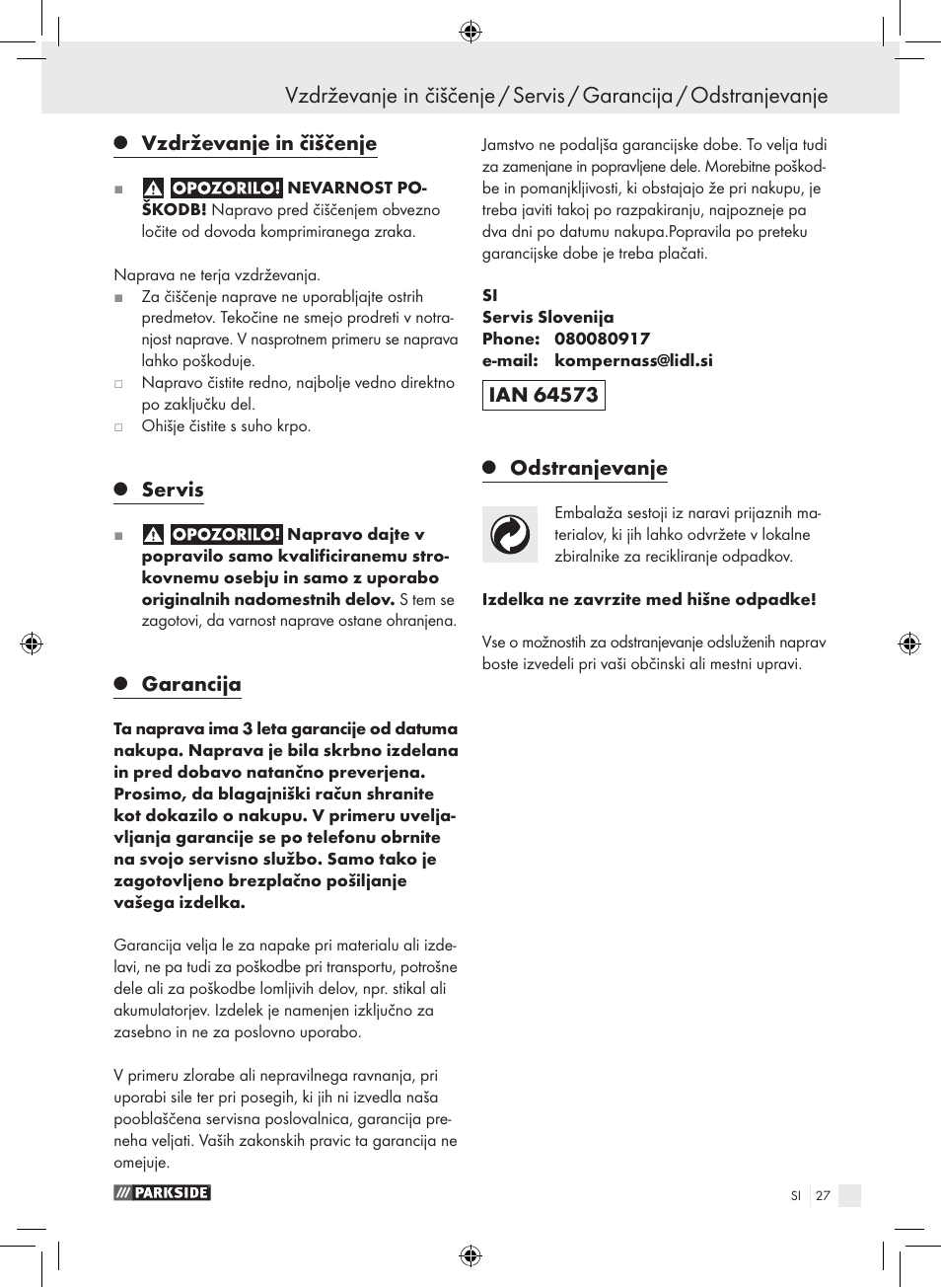 Vzdrževanje in čiščenje, Servis, Garancija | Odstranjevanje | Parkside PDSS A1 User Manual | Page 27 / 49