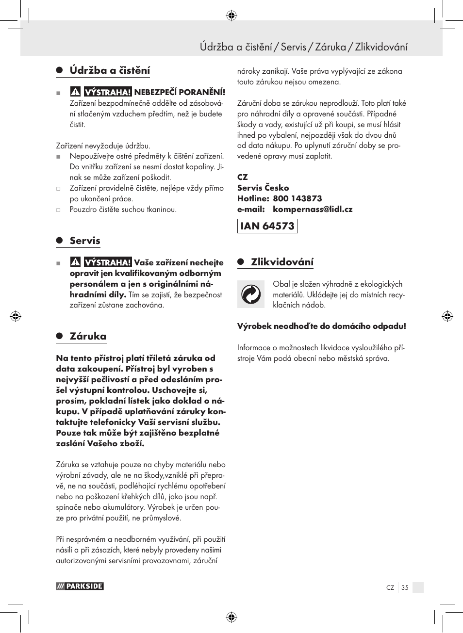 Údržba a čistění / servis / záruka / zlikvidování, Údržba a čistění, Servis | Záruka, Zlikvidování | Parkside PDSS A1 User Manual | Page 35 / 49