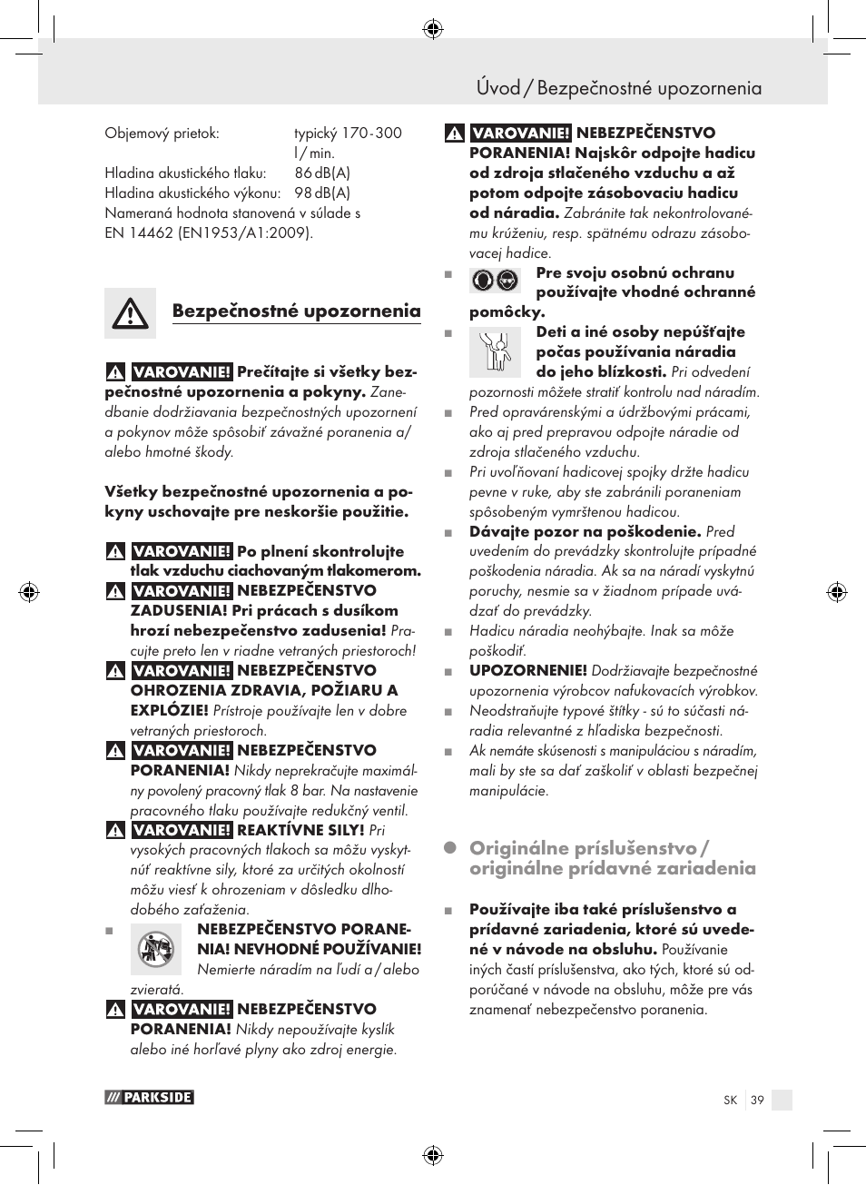 Úvod / bezpečnostné upozornenia, Bezpečnostné upozornenia | Parkside PDSS A1 User Manual | Page 39 / 49