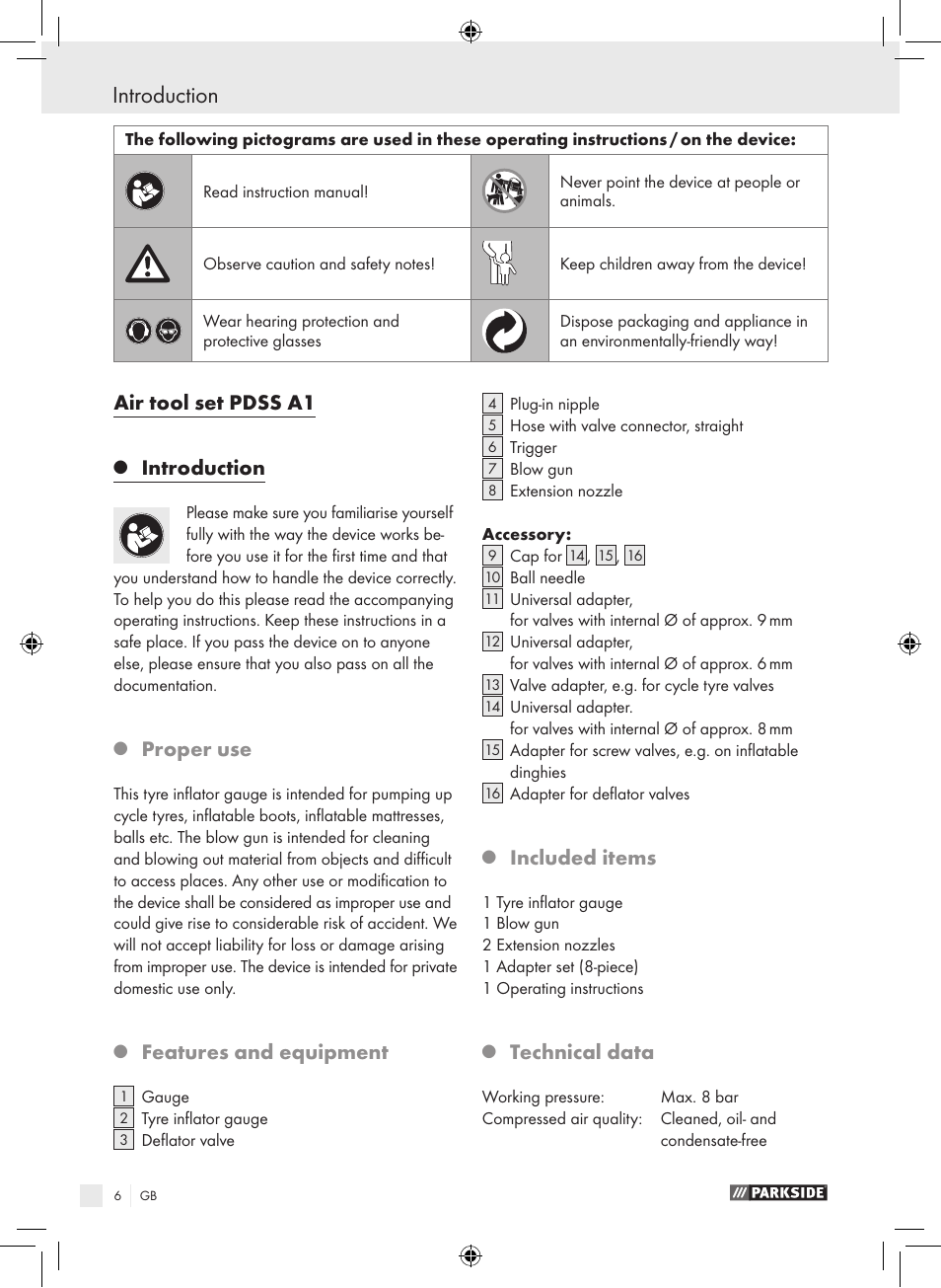 Introduction, Air tool set pdss a1, Proper use | Features and equipment, Included items, Technical data | Parkside PDSS A1 User Manual | Page 6 / 49