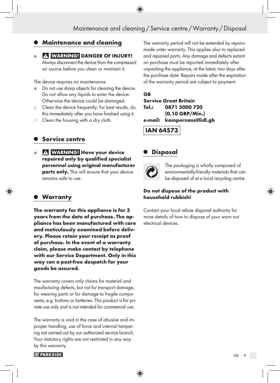 Maintenance and cleaning, Service centre, Warranty | Disposal | Parkside PDSS A1 User Manual | Page 9 / 49