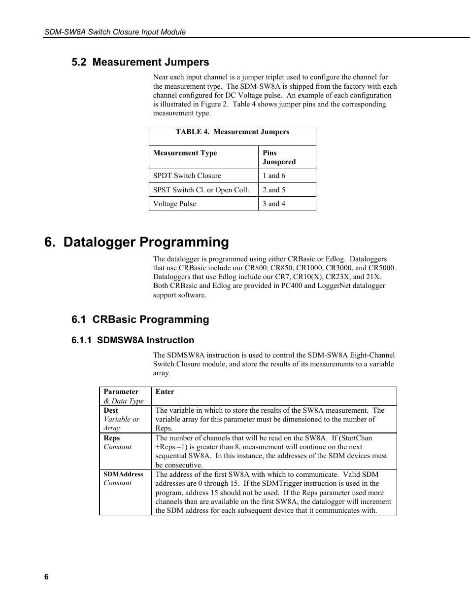 2 measurement jumpers, Datalogger programming, 1 crbasic programming | 1 sdmsw8a instruction | Campbell Scientific SDM-SW8A 8-Channel Switch Closure Input Module User Manual | Page 10 / 28