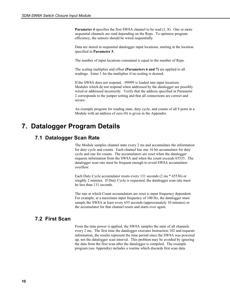 Datalogger program details, 1 datalogger scan rate, 2 first scan | Campbell Scientific SDM-SW8A 8-Channel Switch Closure Input Module User Manual | Page 14 / 28