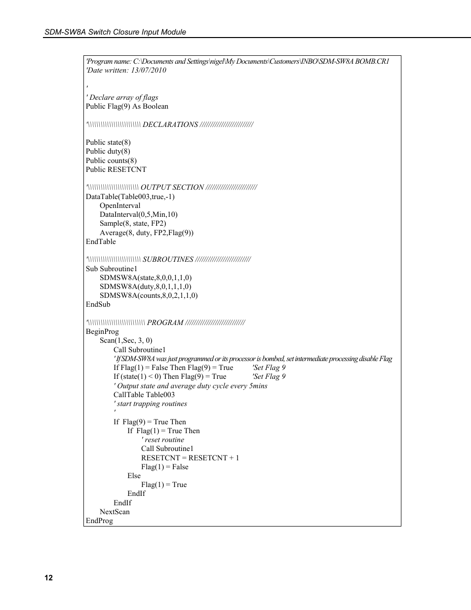 Campbell Scientific SDM-SW8A 8-Channel Switch Closure Input Module User Manual | Page 16 / 28