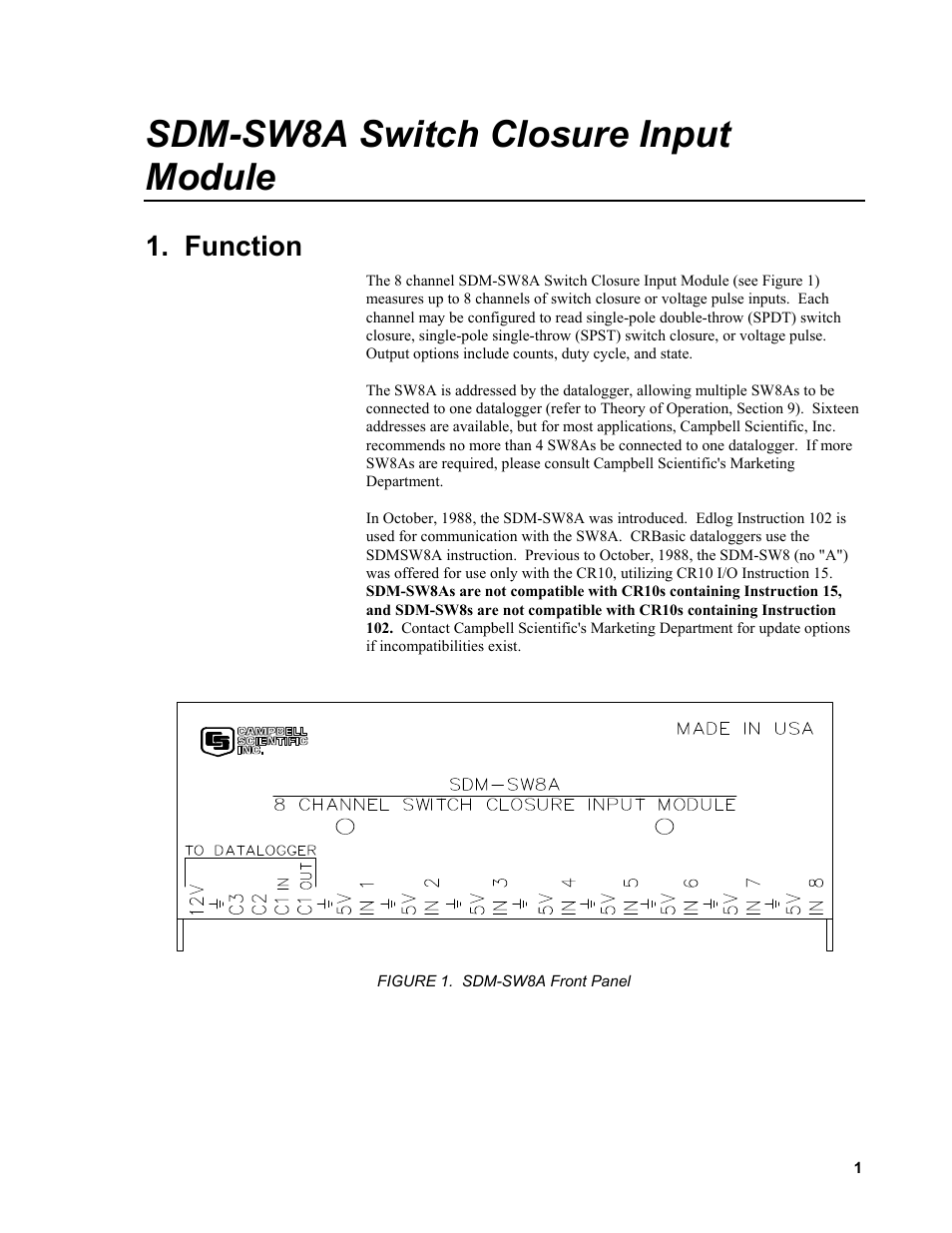 Sdm-sw8a switch closure input module, Function | Campbell Scientific SDM-SW8A 8-Channel Switch Closure Input Module User Manual | Page 5 / 28
