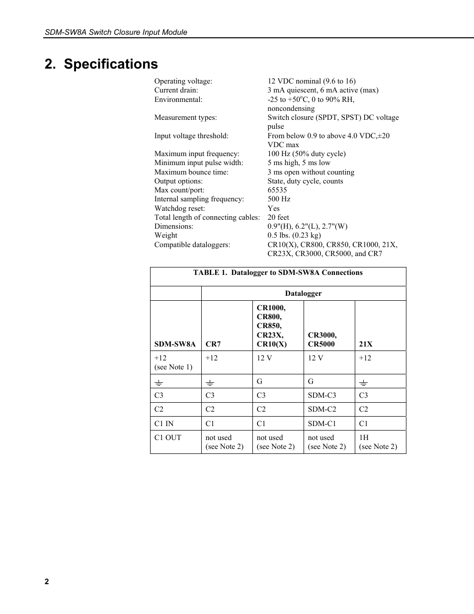 Specifications | Campbell Scientific SDM-SW8A 8-Channel Switch Closure Input Module User Manual | Page 6 / 28