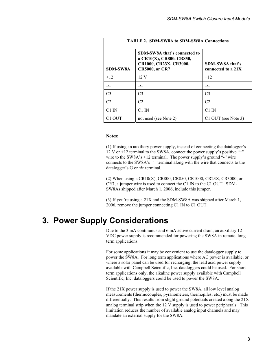 Power supply considerations | Campbell Scientific SDM-SW8A 8-Channel Switch Closure Input Module User Manual | Page 7 / 28
