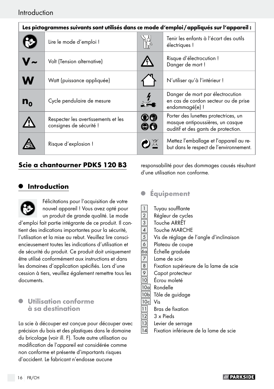 Scie a chantourner pdks 120 b3, Introduction, Utilisation conforme à sa destination | Équipement | Parkside PDKS 120 B3 User Manual | Page 16 / 39