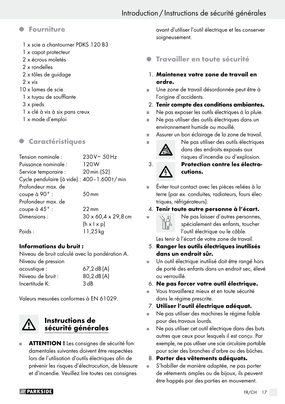 Fourniture, Caractéristiques, Instructions de sécurité générales | Travailler en toute sécurité | Parkside PDKS 120 B3 User Manual | Page 17 / 39