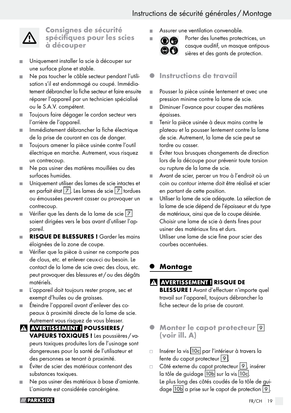 Instructions de travail, Montage, Monter le capot protecteur | Voir ill. a) | Parkside PDKS 120 B3 User Manual | Page 19 / 39