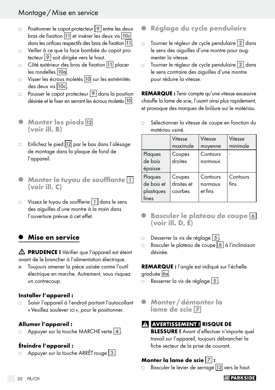 Monter les pieds, Voir ill. b), Monter le tuyau de soufflante | Voir ill. c), Mise en service, Réglage du cycle pendulaire, Basculer le plateau de coupe, Voir ill. d, e), Monter / démonter la lame de scie | Parkside PDKS 120 B3 User Manual | Page 20 / 39