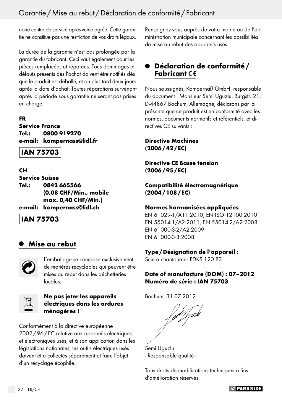 Indice | Parkside PDKS 120 B3 User Manual | Page 22 / 39