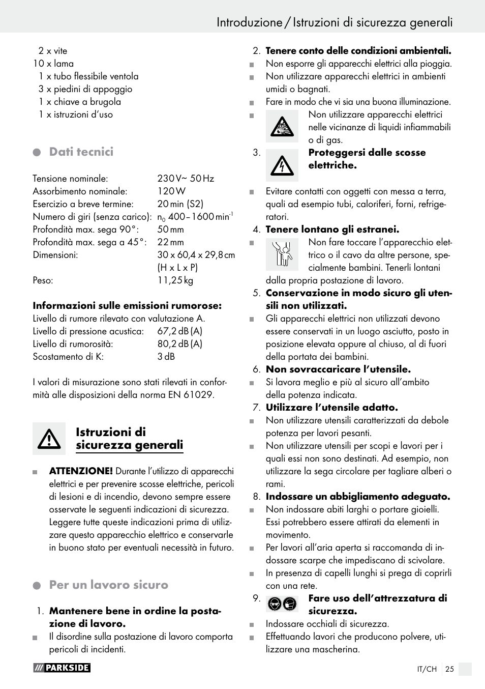 Dati tecnici, Istruzioni di sicurezza generali, Per un lavoro sicuro | Parkside PDKS 120 B3 User Manual | Page 25 / 39