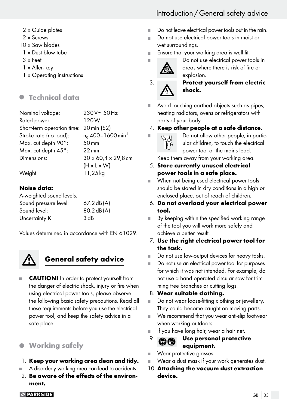Introduction introduction / general safety advice, Technical data, General safety advice | Working safely | Parkside PDKS 120 B3 User Manual | Page 33 / 39