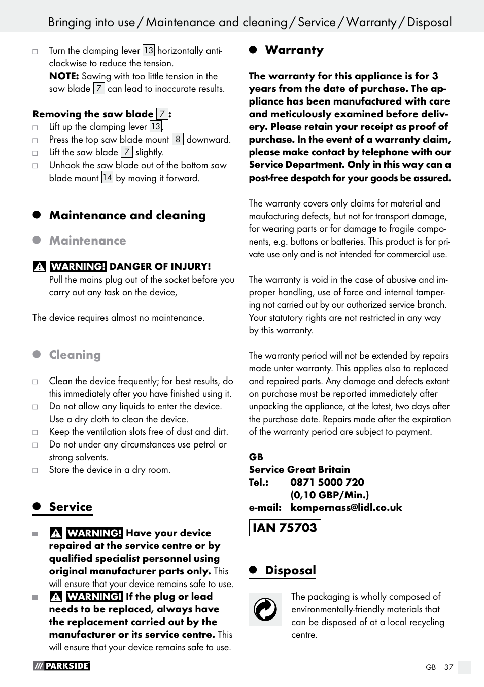 Maintenance and cleaning, Maintenance, Cleaning | Service, Warranty, Disposal | Parkside PDKS 120 B3 User Manual | Page 37 / 39