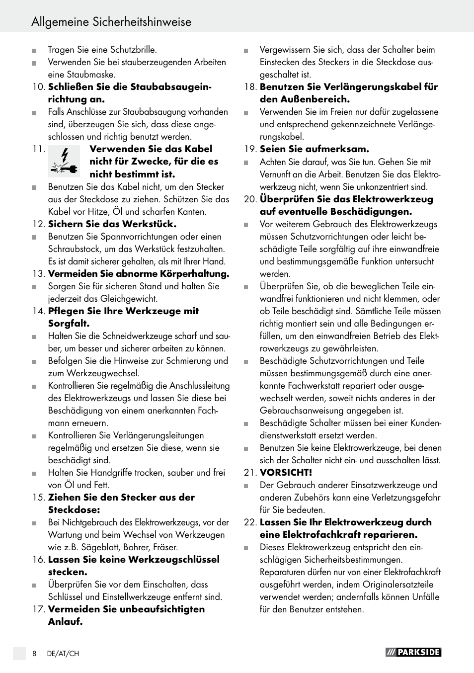 Allgemeine sicherheitshinweise / montage, Allgemeine sicherheitshinweise | Parkside PDKS 120 B3 User Manual | Page 8 / 39
