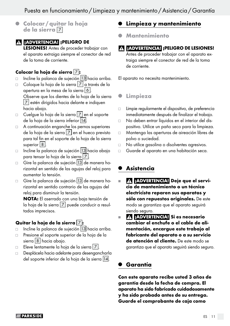 Colocar / quitar la hoja de la sierra, Limpieza y mantenimiento, Mantenimiento | Limpieza, Asistencia, Garantía | Parkside PDKS 120 B3 User Manual | Page 11 / 48