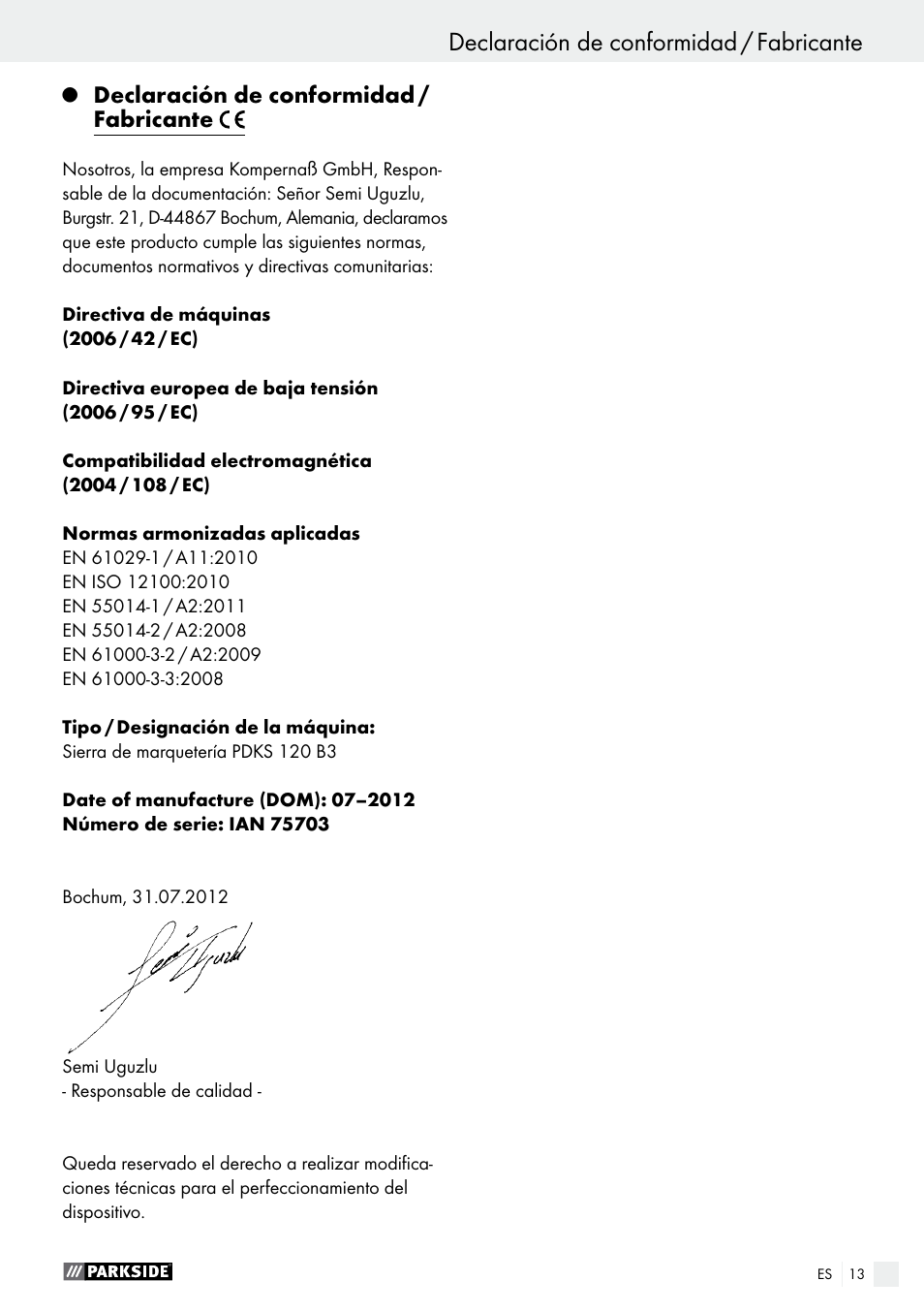 Declaración de conformidad / fabricante, Garantía / eliminación | Parkside PDKS 120 B3 User Manual | Page 13 / 48