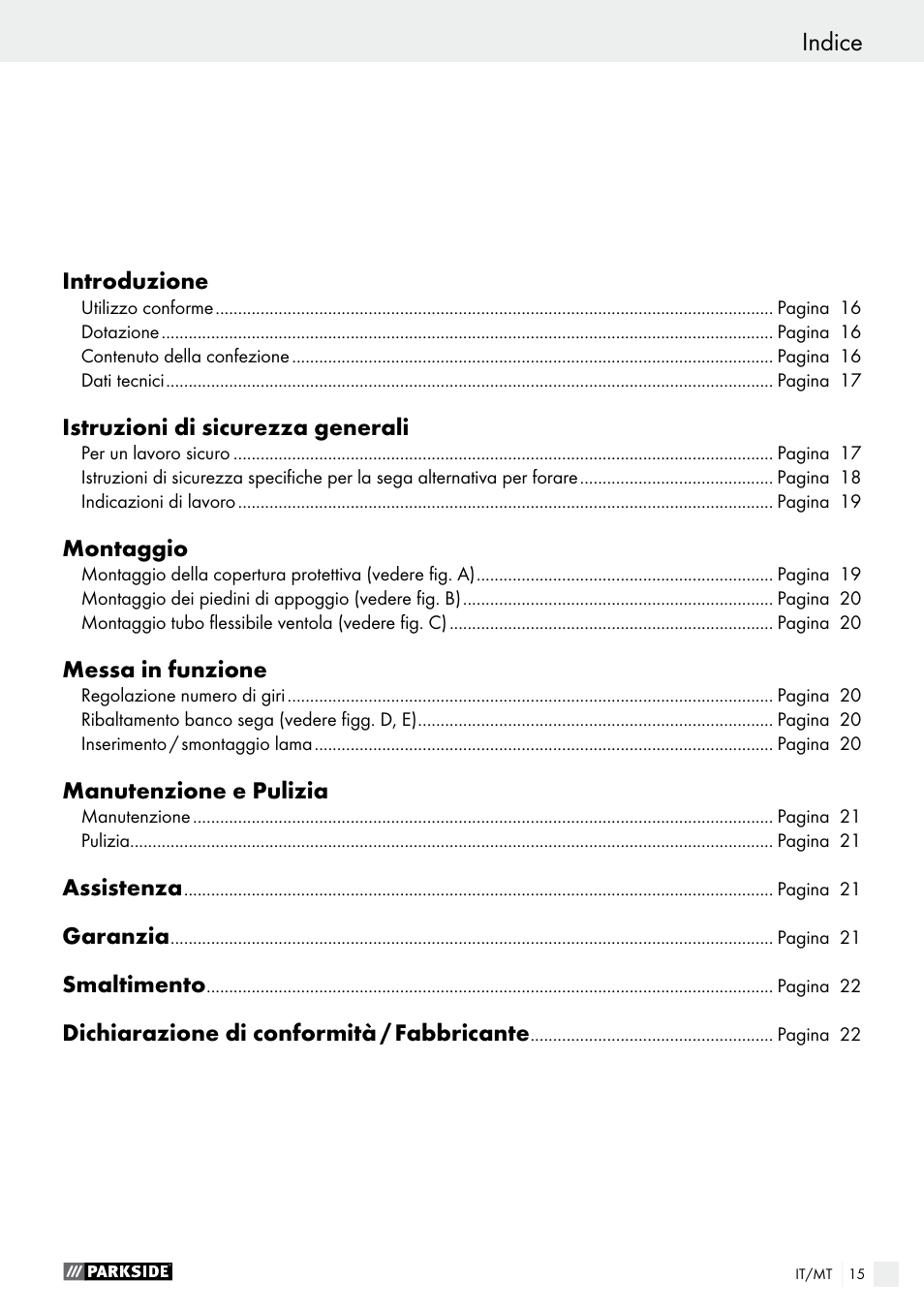 Indice | Parkside PDKS 120 B3 User Manual | Page 15 / 48