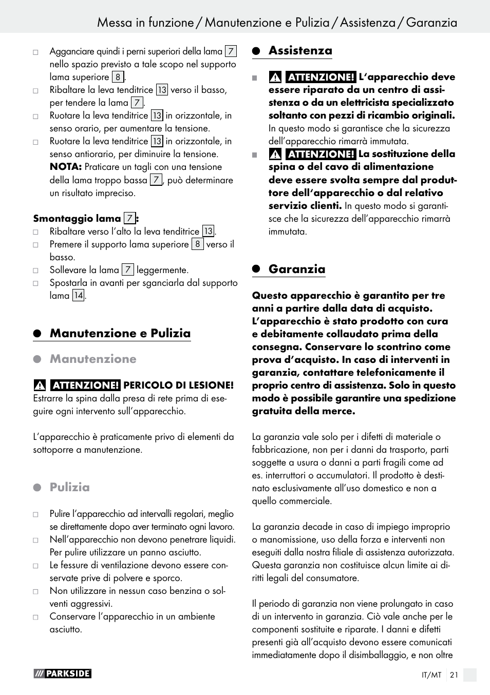 Manutenzione e pulizia manutenzione, Pulizia, Assistenza | Garanzia | Parkside PDKS 120 B3 User Manual | Page 21 / 48