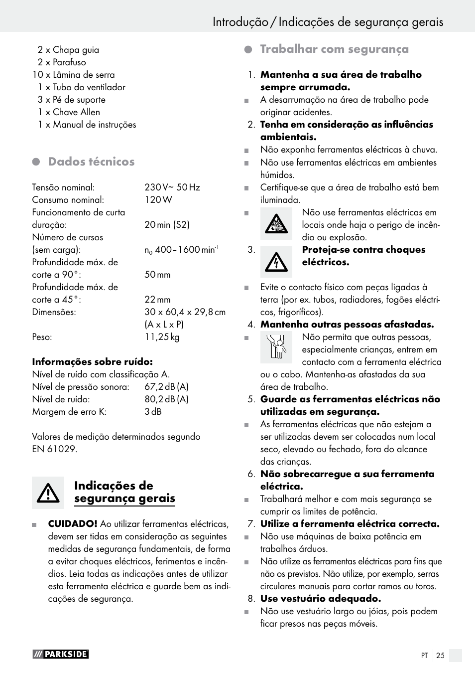 Dados técnicos, Indicações de segurança gerais, Trabalhar com segurança | Parkside PDKS 120 B3 User Manual | Page 25 / 48