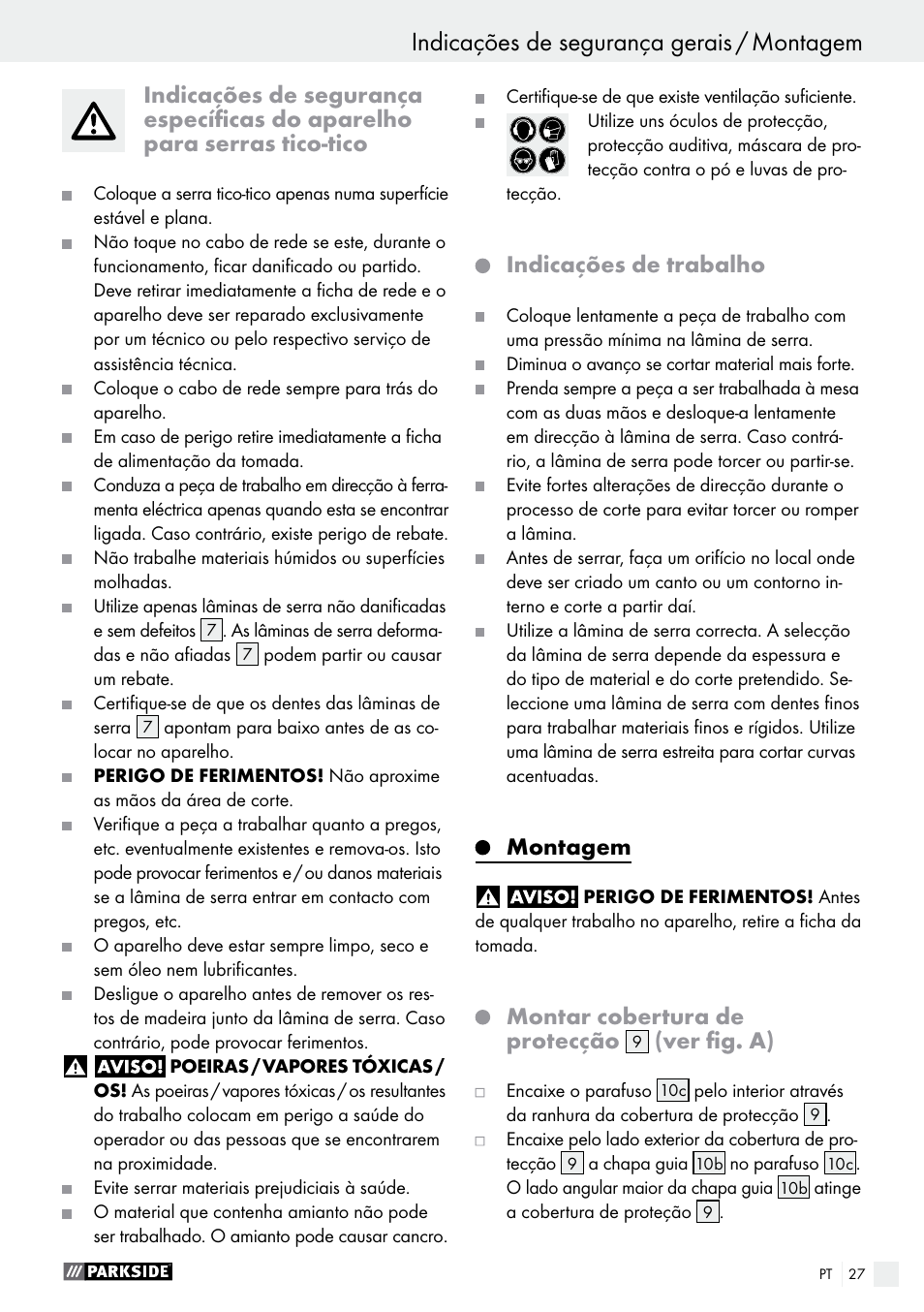 Indicações de trabalho, Montagem, Montar cobertura de protecção | Ver fig. a) | Parkside PDKS 120 B3 User Manual | Page 27 / 48